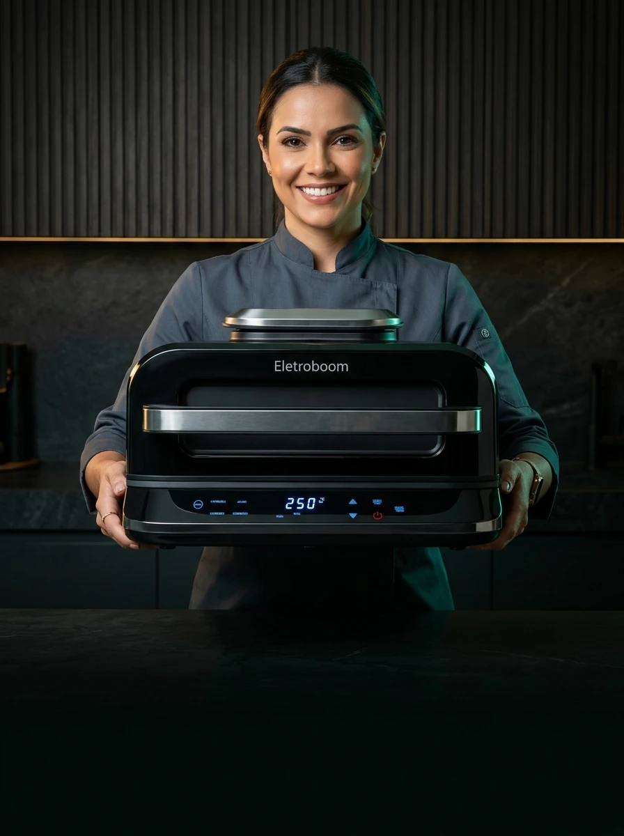 Chef segurando Air Fryer Eletroboom